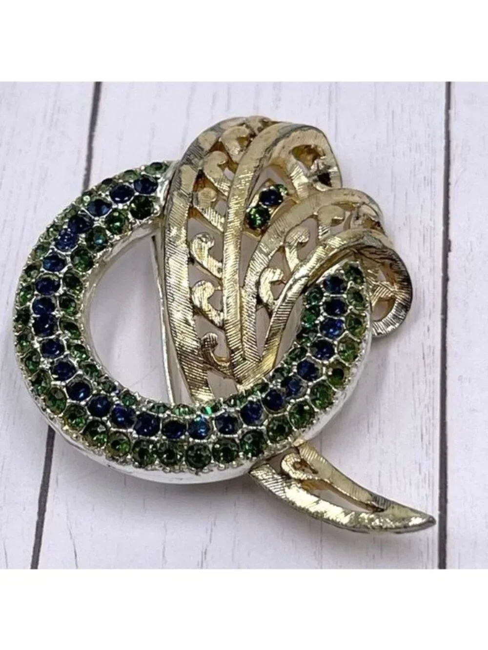 Vintage Rousseau Brooch Round Gold Tone Green Blue Rhinestones 2.25